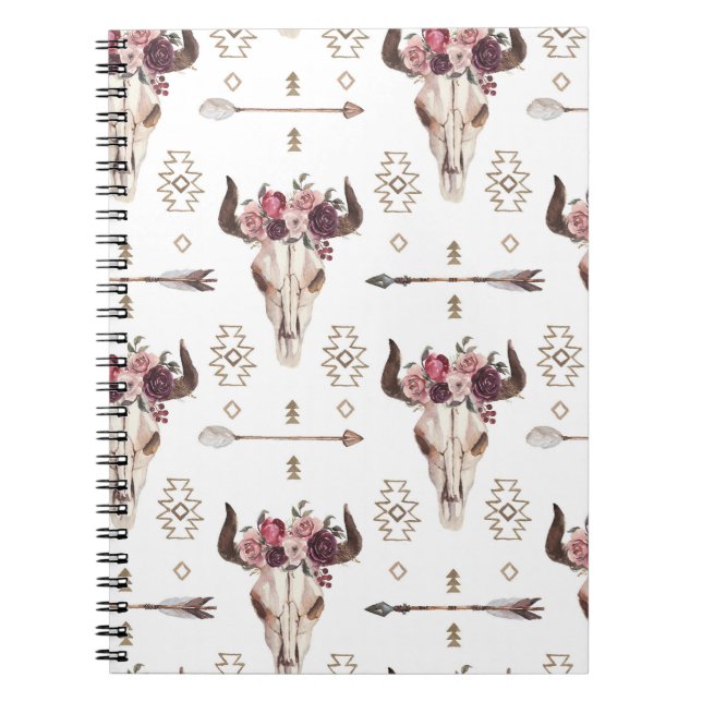 Cuaderno acuarela Boho: flechas, patrón de cráneo. (Frente)