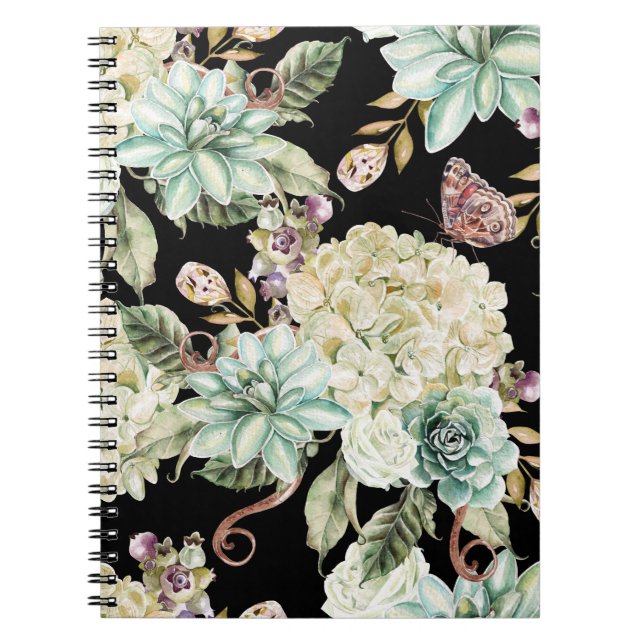 Cuaderno Acuarela brillante: Patrón Rosa de Hydrangea. (Frente)