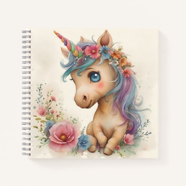 Cuaderno Acuarela de adorable bebé unicornio (Anverso)