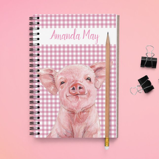Cuaderno Acuarela de cerdo rosa Gingham Plaid Monograma (Subido por el creador)
