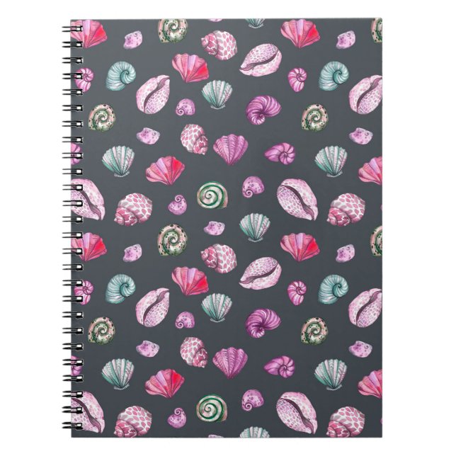 Cuaderno Acuarela de conchas marinas: Patrón azul oscuro (Frente)