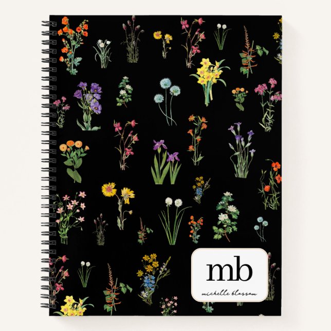 Cuaderno Acuarela de Flor silvestre Flora Botánica Negra (Anverso)