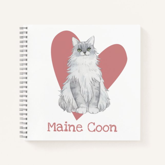 Cuaderno Acuarela de gato de Maine Coon Kitty Pink Heart Jo (Anverso)
