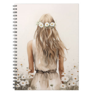 Cuaderno Acuarela De Mujer Joven En Campo De Daisy