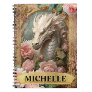 Cuaderno Acuarela Dragón Blanco Vintage y Rosas Rosadas