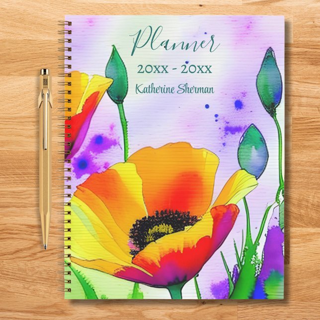 Cuaderno Acuarela Floral Amapolas de California Personaliza (Watercolor floral planner with California poppies on a purple background. Personalize with name/date)