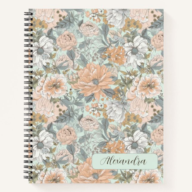 Cuaderno Acuarela Floral Rosa Claro sobre Verde Menta (Anverso)