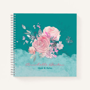 Cuaderno acuarela floral rosa verde azulada elegante su nom