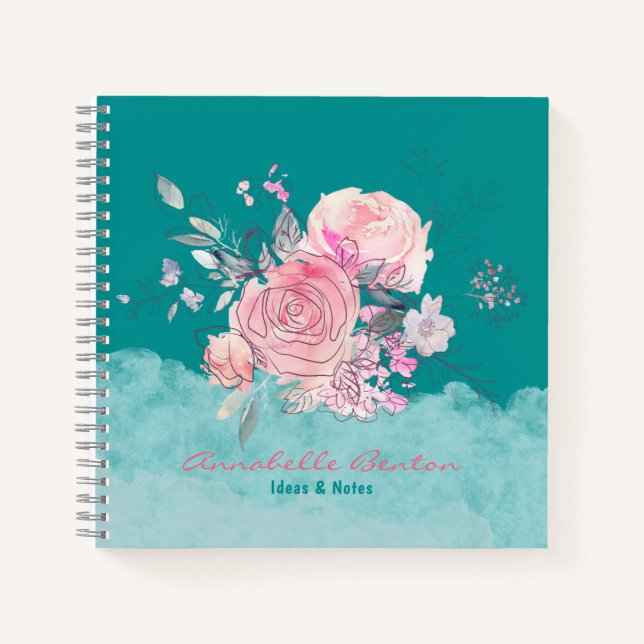 Cuaderno acuarela floral rosa verde azulada elegante su nom (Anverso)