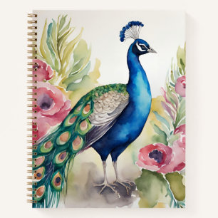 Cuaderno acuarela hermosa pavo real con flores