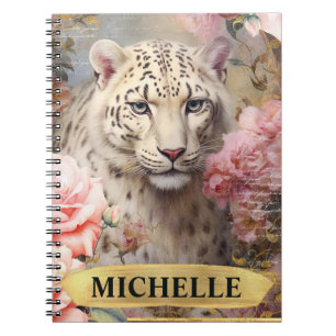 Cuaderno Acuarela Leopardo Blanco Vintage y Rosas Rosadas
