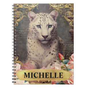 Cuaderno Acuarela Leopardo Blanco Vintage y Rosas Rosadas