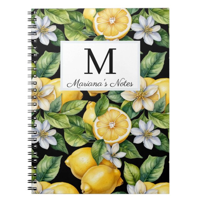 Cuaderno acuarela limones y flores monograma personalizado (Frente)