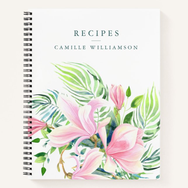 Cuaderno Acuarela Magnolia Rosa Flor Nombre personalizado R (Anverso)