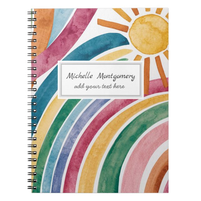 Cuaderno Acuarela moderna boho arcoíris y sol personalizado (Frente)