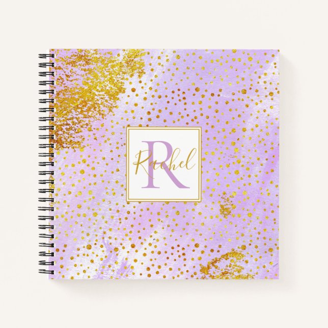 Cuaderno Acuarela morada de lavanda, monograma de confetti  (Anverso)