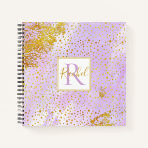 Cuaderno Acuarela morada lavanda, monograma de confeti dora