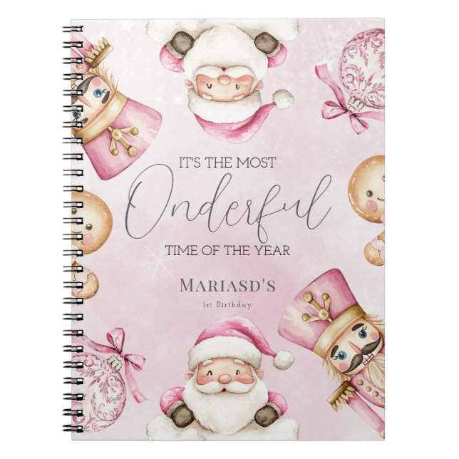 Cuaderno acuarela Nieve rosa Navidades de primer cumpleaños (Frente)