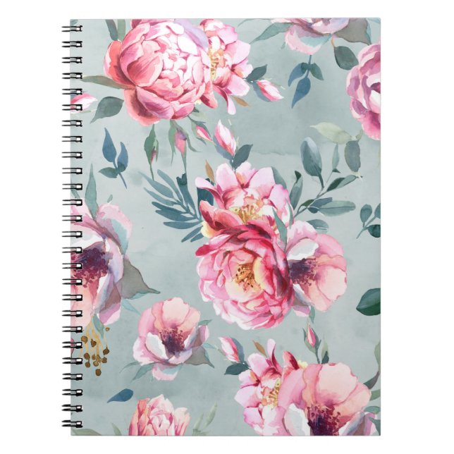 Cuaderno Acuarela patrón sin fisuras de peonía y flor fl (Frente)