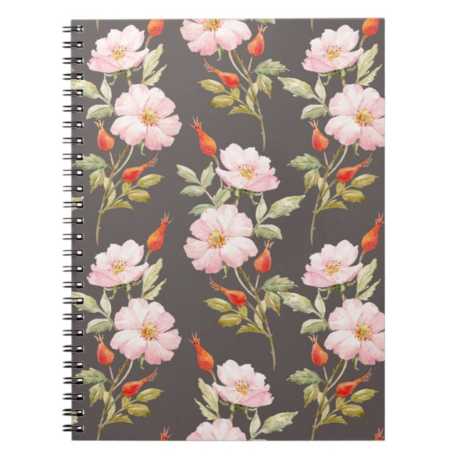 Cuaderno Acuarela Rosa de perro: Patrón floral oscuro (Frente)