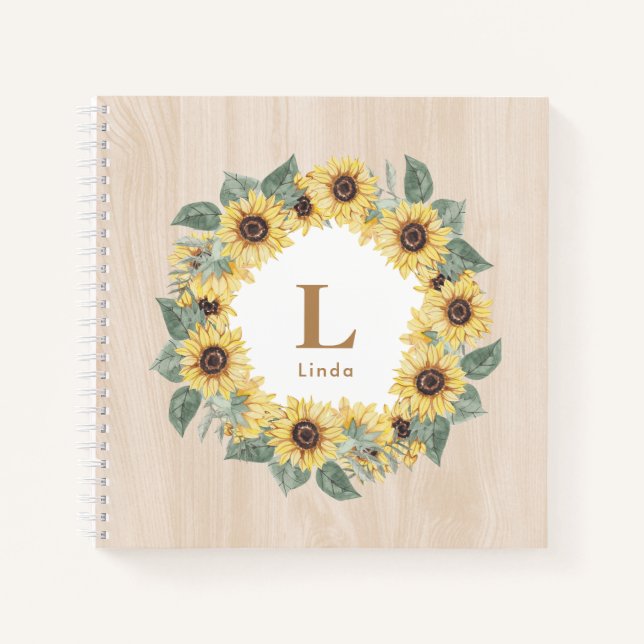 Cuaderno Acuarela Rusa Sunflower Floral Madera Monograma (Anverso)