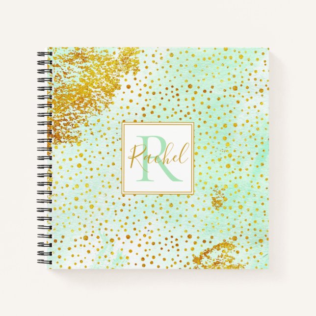 Cuaderno acuarela verde de menta, monograma de confetti dor (Anverso)