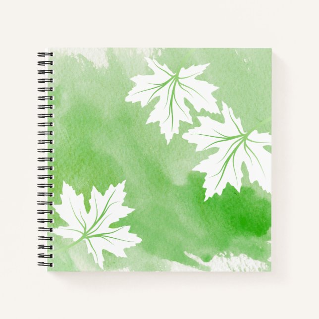 Cuaderno Acuarela verde moderna y hojas de arce blancas (Anverso)