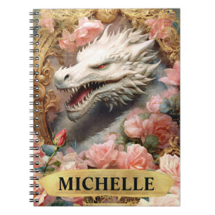 Cuaderno Acuarela Vintage Dragón Blanco y Rosas Rosadas