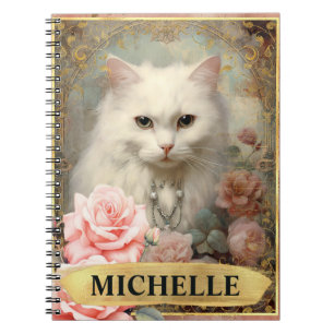 Cuaderno Acuarela Vintage Gato Blanco y Rosas Rosadas