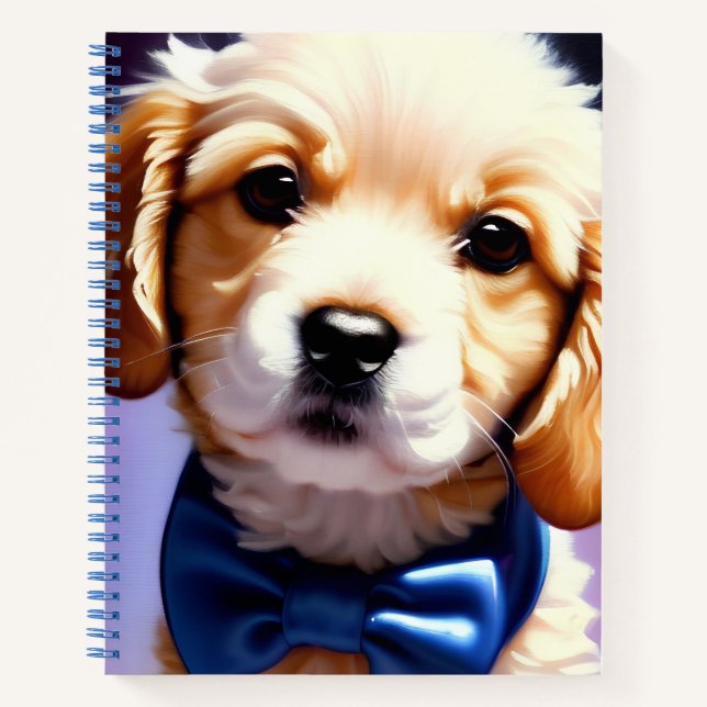 Cuaderno Adorable Cachorro Fluffy con Azulejos de Bow Azul (Anverso)