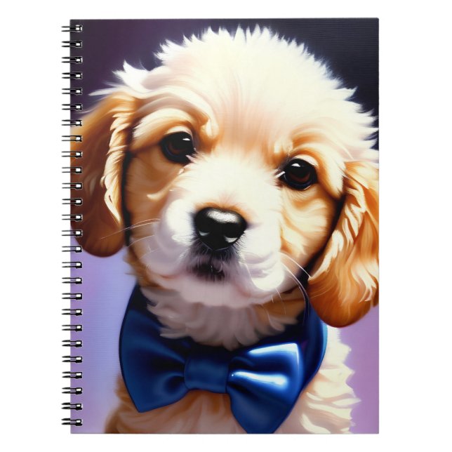 Cuaderno Adorable Cachorro Fluffy con Azulejos de Bow Azul (Frente)