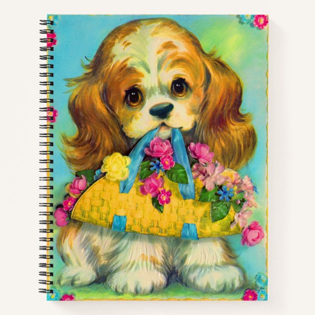 Cuaderno adorable cachorro sosteniendo la cesta de flores (Anverso)