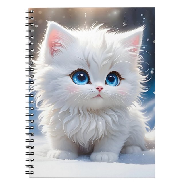 Cuaderno Adorable Fluffy White Cat Ojos Azules Quejas Rosad (Frente)