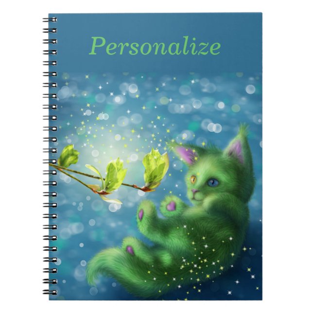 Cuaderno Adorable Gatito Verde Encantado Personalizado (Frente)