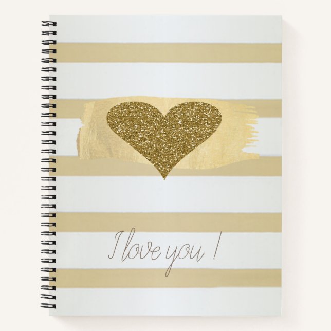 Cuaderno Adorable Purpurina de oro Corazones Stripes-Te Amo (Anverso)