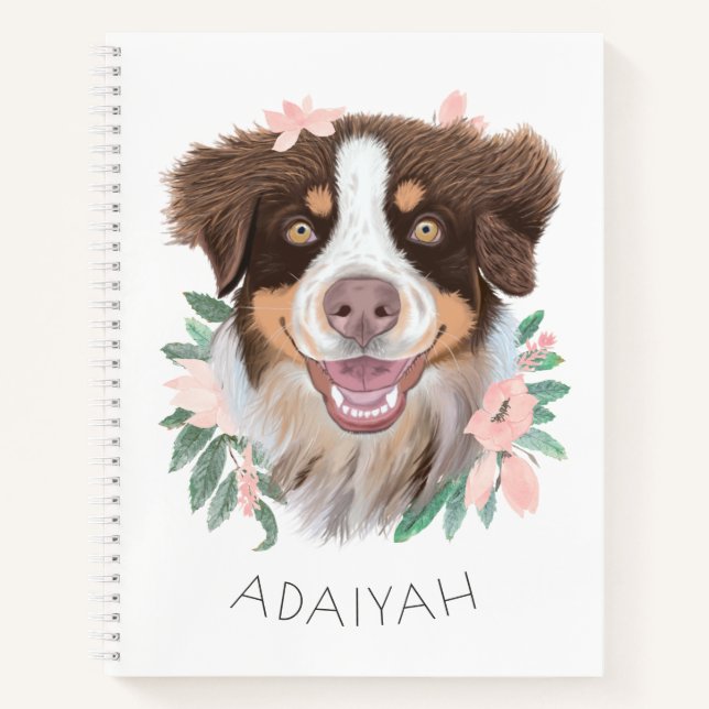Cuaderno Adorable Red Tri Aussie con flores personalizadas (Anverso)