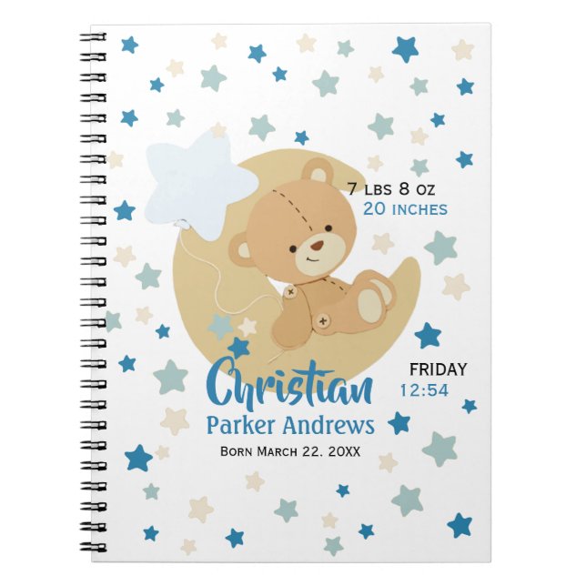 Cuaderno Adorable Teddy Bear Baby Boy Estadísticas de Nacim (Frente)