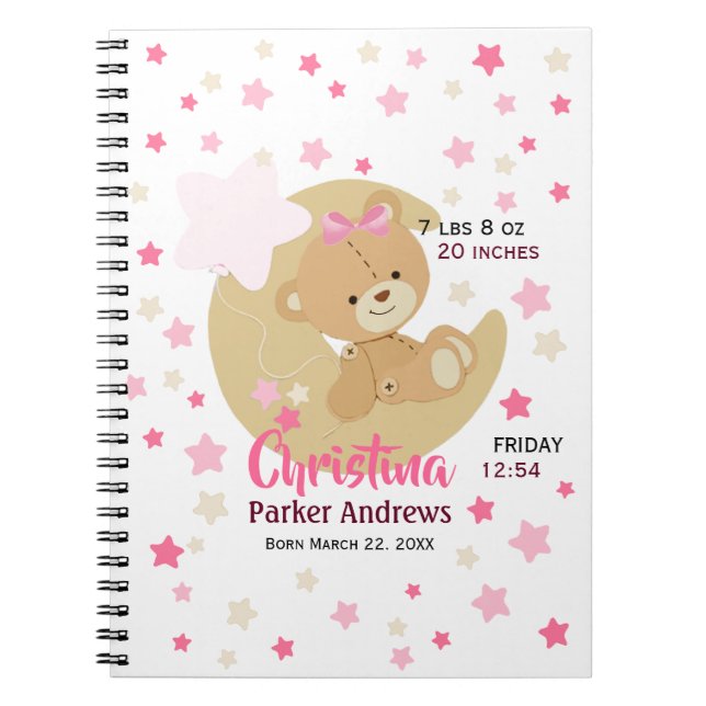 Cuaderno Adorable Teddy Bear Baby Girl Estadísticas De Naci (Frente)