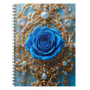 Cuaderno Adorno de Oro con Rosa Azul y Perla