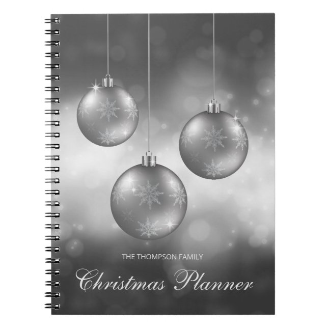 Cuaderno Adornos Navideños Gris Plateado Con Texto Personal (Frente)