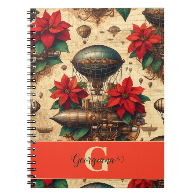 Cuaderno Aeronave personalizada Steampunk con Poinsettia (Frente)