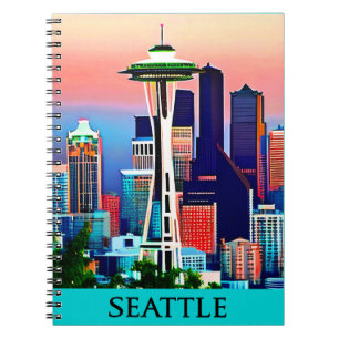 Cuaderno Afiche de viaje de Seattle bajo un cielo del amane
