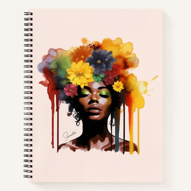 Cuaderno Afroamericana con pelo floral afro (Anverso)
