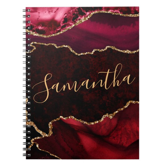 Cuaderno Ágata de mármol con brillo rojo y falso oro (Frente)