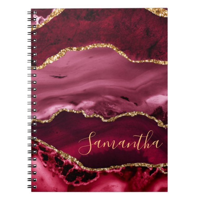 Cuaderno Ágata de mármol con brillo rojo y falso oro (Frente)