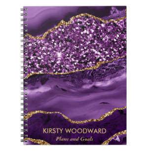 Cuaderno Ágata oceánica elegante con brillo púrpura y dorad