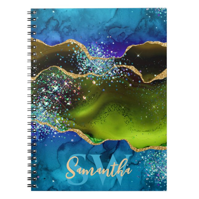 Cuaderno Ágata Pavón con Brillo Azul, Verde y Dorado (Frente)