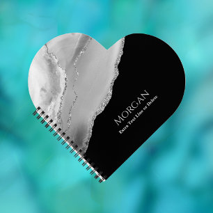 Cuaderno Ágata plateada y brillo, nombre y línea de texto e