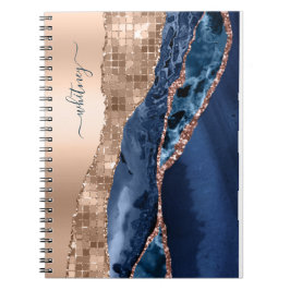Cuaderno Agate azul índigo moderno y hoja de confetti de or