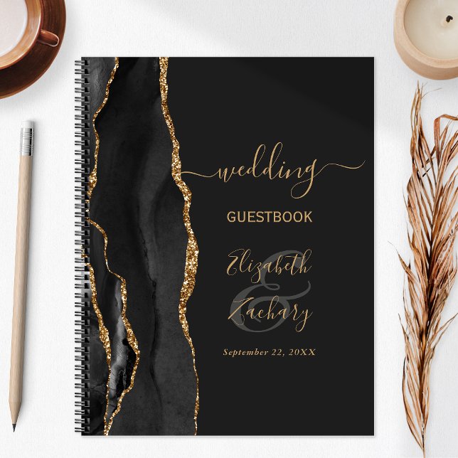 Cuaderno Agate Geode Script Black Gold Dark Boda invitado (Subido por el creador)